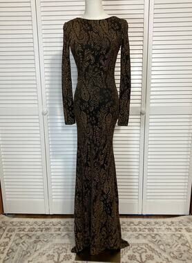 Windsor Glamour Whimsigoth Black Gold Sheer Paisley Backless Maxi Dress S